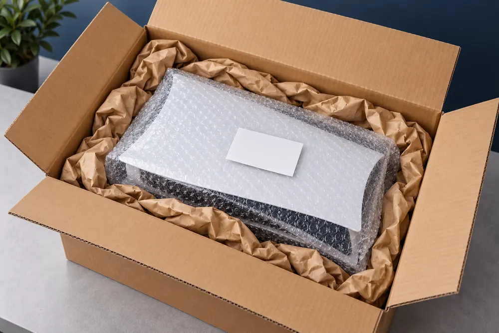 Illustration of a PS5 wrapped in bubble wrap and padded inside a sturdy shipping box